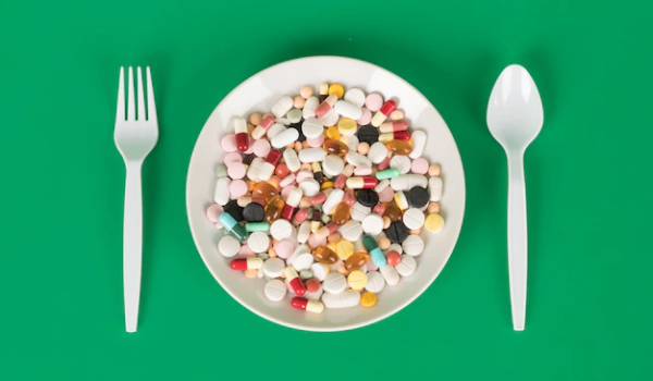 Capsules and pills on a plate with a spoon and a fork