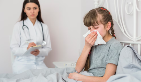 girls sneezing with closed eyes, doctor with stethoscope standing near the bed