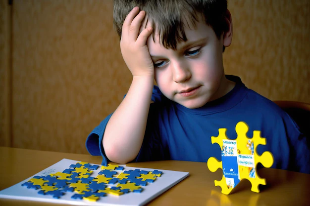 Child puts puzzles at the table