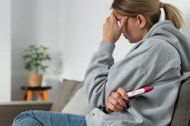 Upset woman holding a pregnancy test in her hands