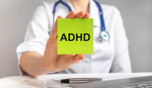 The doctor holds a piece of paper with the abbreviation adhd